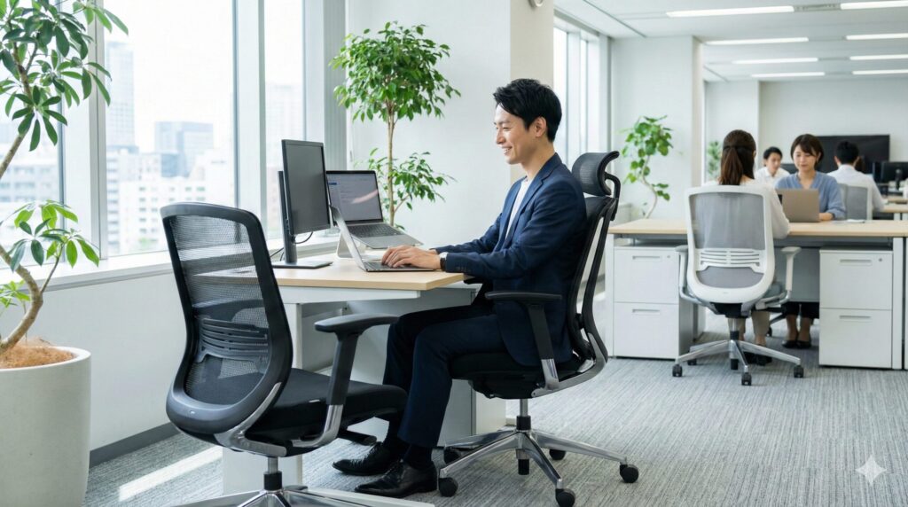 日本のオフィスで快適にデスクワークを行う会社員。JOIFAが定める標準使用期間8年を目安とした、安全で適切なオフィス環境を表現。