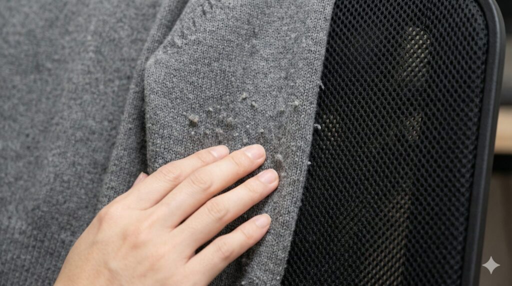 メッシュ素材との摩擦によって衣類に毛玉ができるリスクを確認する様子。