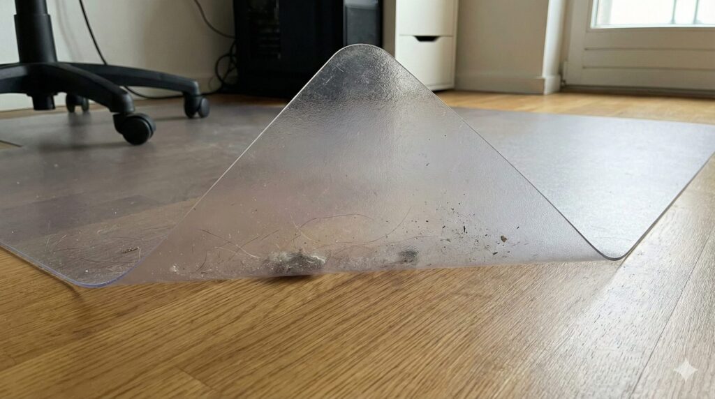 チェアマットの端が巻き癖で浮き上がり、ゴミが入り込んで滑りやすくなっている状態