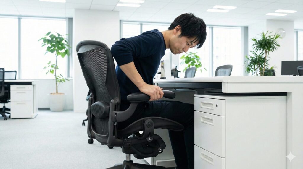 大柄な日本人男性がアーロンチェアに座り、デスクの高さやアームレストの干渉を確認している様子