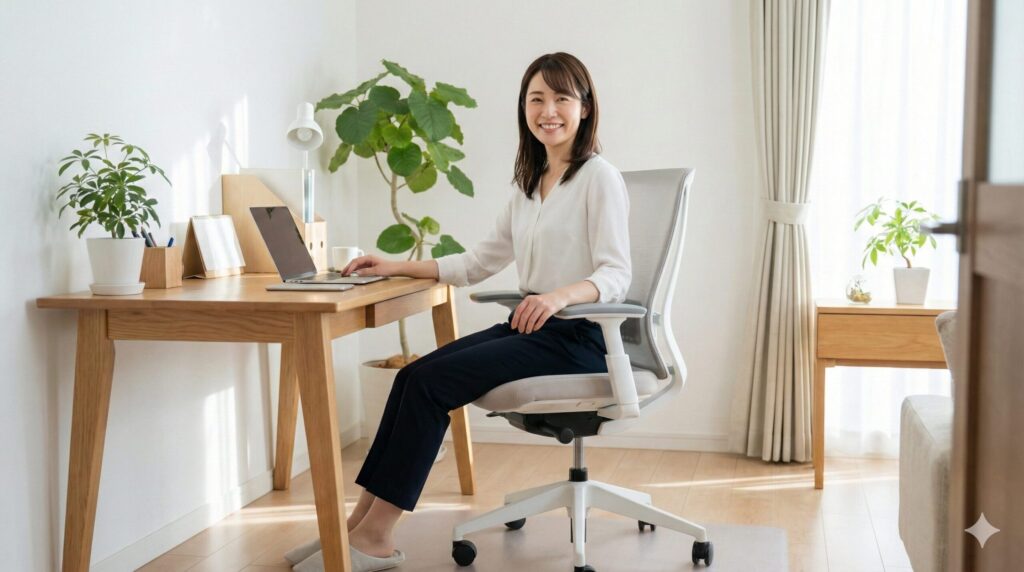 クリーニング後の清潔なオフィスチェアに座り、快適そうに在宅ワークをしている日本人女性

