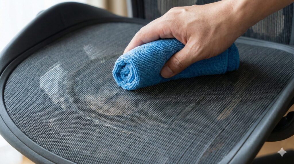 重曹水を含ませたクロスでメッシュ座面を叩き拭きして汚れを落とす手順