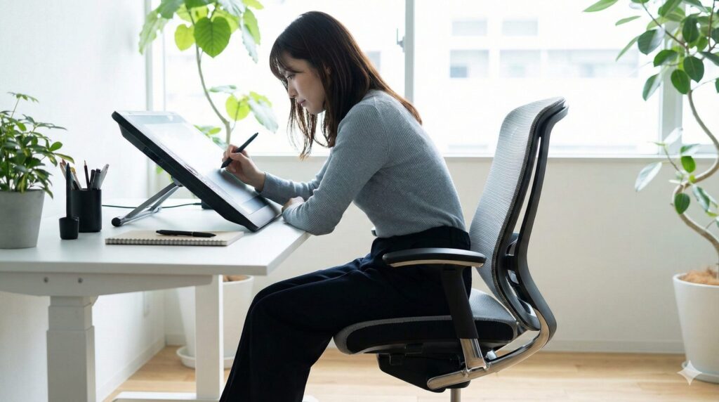 液タブ作業中に深い前傾チルトで背中を支えるオカムラ製チェアの使用イメージ