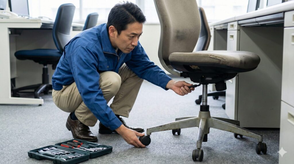 オフィスチェアのキャスターやガスシリンダー付近を点検する日本人の男性。部品の摩耗や異音など、買い替えのサインを確認している様子。
