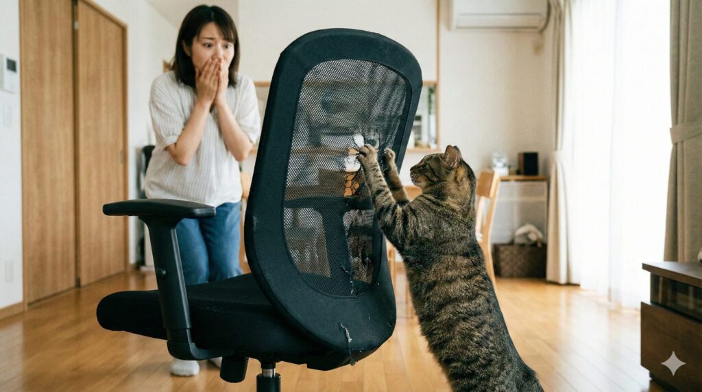 室内で飼っている猫がメッシュチェアで爪とぎをしてしまい、素材が傷むリスクを描写。

