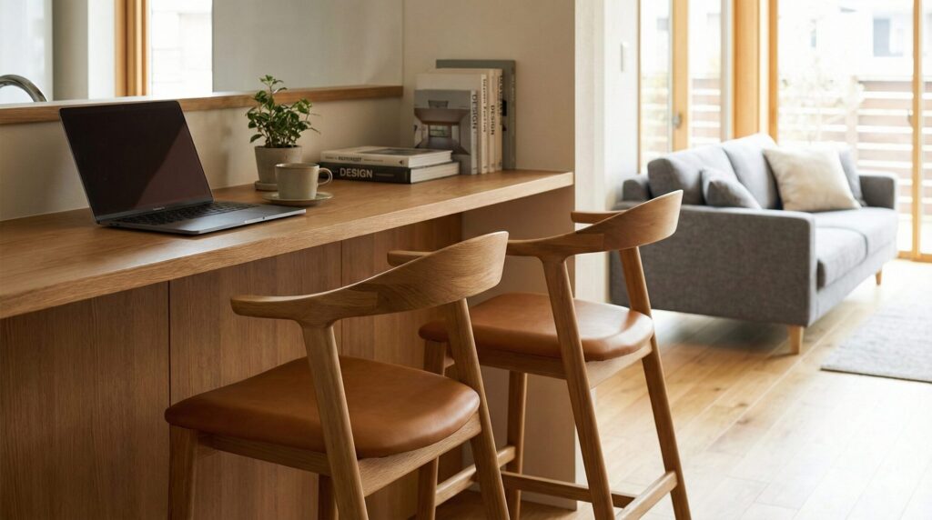 日本のモダンなリビングに馴染む、木製で北欧風デザインのおしゃれなカウンターチェア。インテリア性を重視した作業環境。