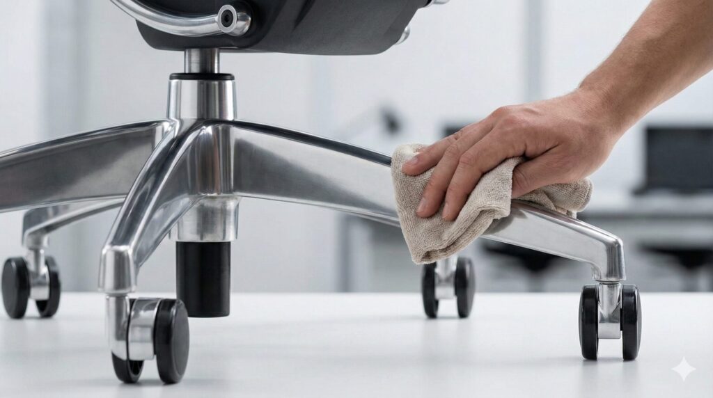 オフィスチェアのアルミ製脚部を腐食から守るための丁寧な拭き上げ