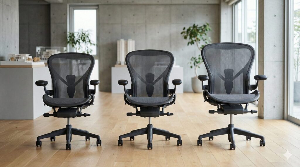 サイズの異なるアーロンチェアが並び、自分に最適な一脚を選べることをイメージしたビジュアル