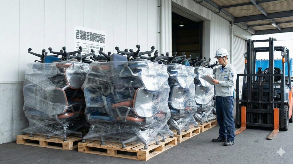 役目を終えたオフィスチェアが整理された、法人の産業廃棄物処理やリサイクルの準備シーン。正しい処分ルールと環境への配慮をイメージ。