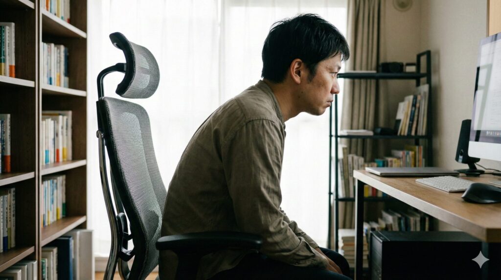 メッシュの沈み込みによって骨盤が後傾し、猫背になって腰に負担がかかっている日本人の姿勢。