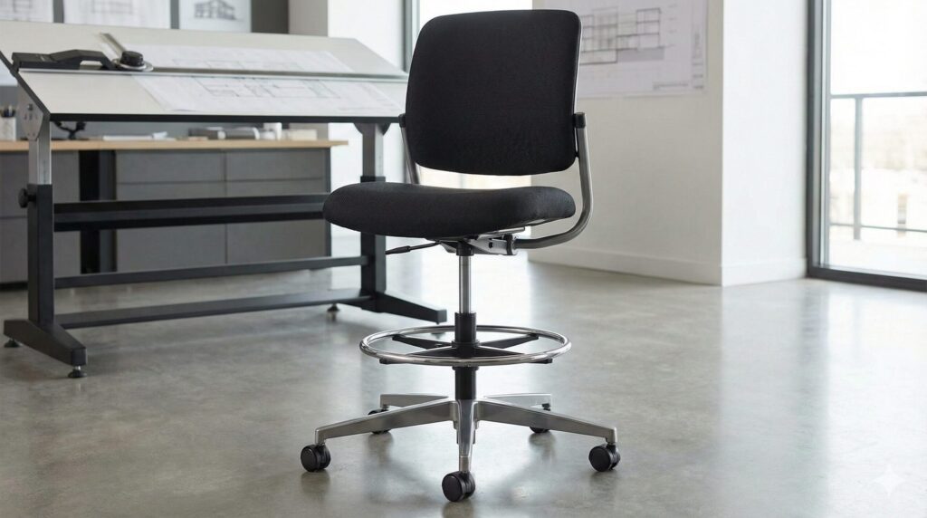 転倒防止のために脚部が大きく設計された、安全性と耐久性に優れた業務用の製図用ハイチェア。

