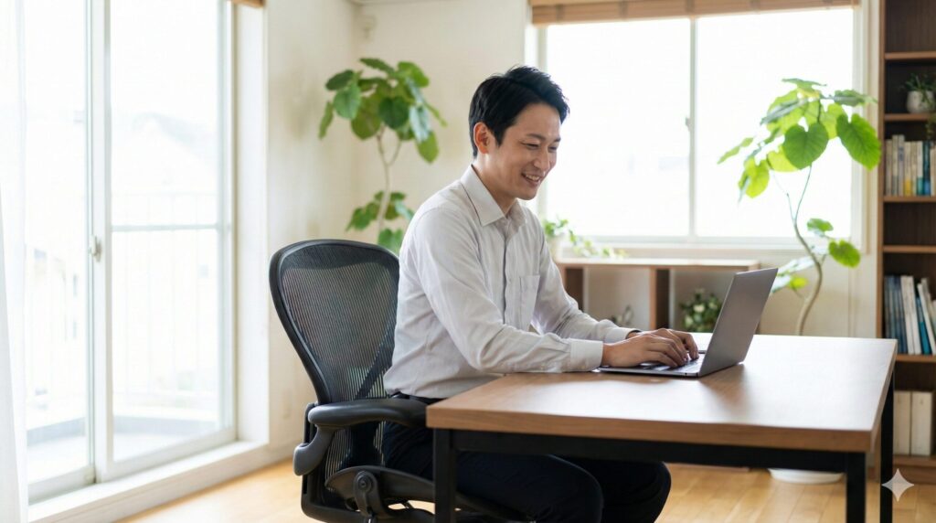 正しいメンテナンスで清潔になったメッシュチェアに座り仕事をする日本人男性