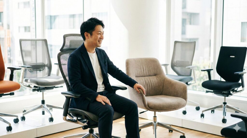 ショールームで様々な種類のオフィスチェアを試座し、自分に合った素材を慎重に選ぶ日本人男性。