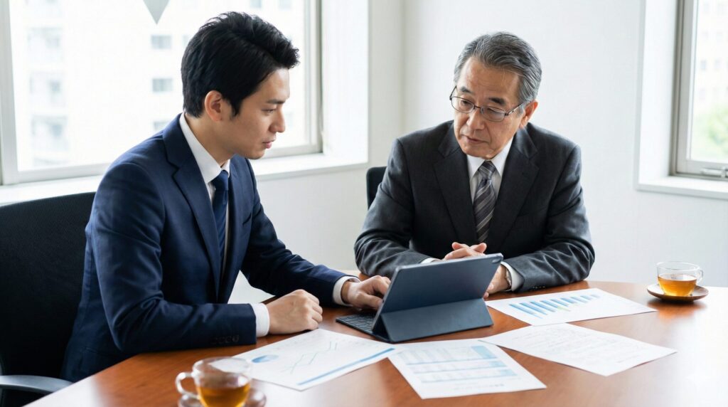 オフィスチェアの税務処理について税理士に相談する日本人男性