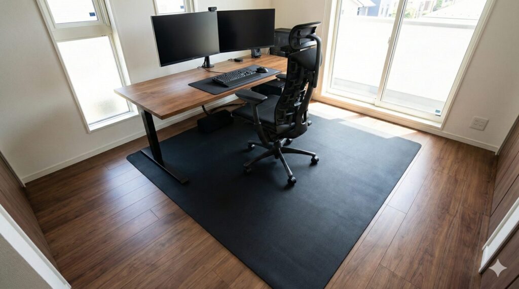 デスクと椅子の両方を乗せて重みで固定する特大サイズのチェアマット