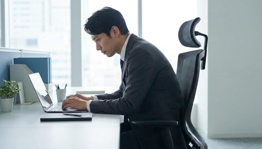 デスクに向かって前傾姿勢でパソコン作業に集中する日本人男性。背もたれが背中にフィットしている様子。
