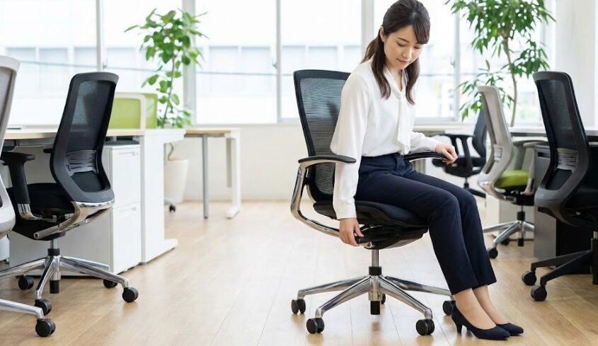 清潔感のあるショールームで、実際にオフィスチェアに座って座り心地を確かめる日本人女性。