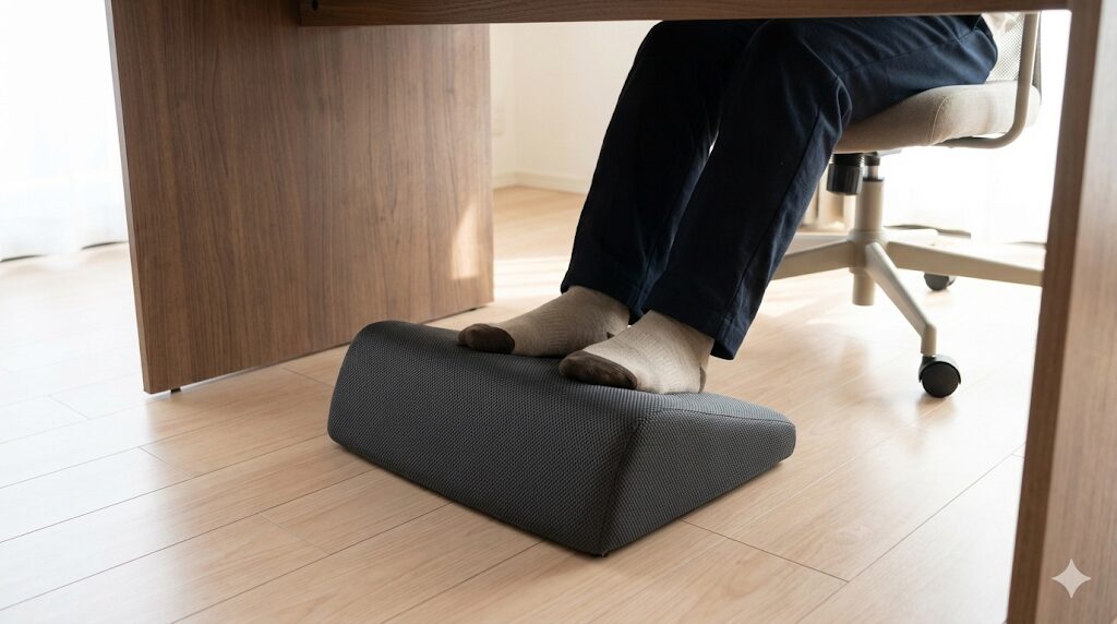 デスクの下に置かれた、傾斜のついた後付けフットレストに足を乗せている日本人の足元のクローズアップ写真。
