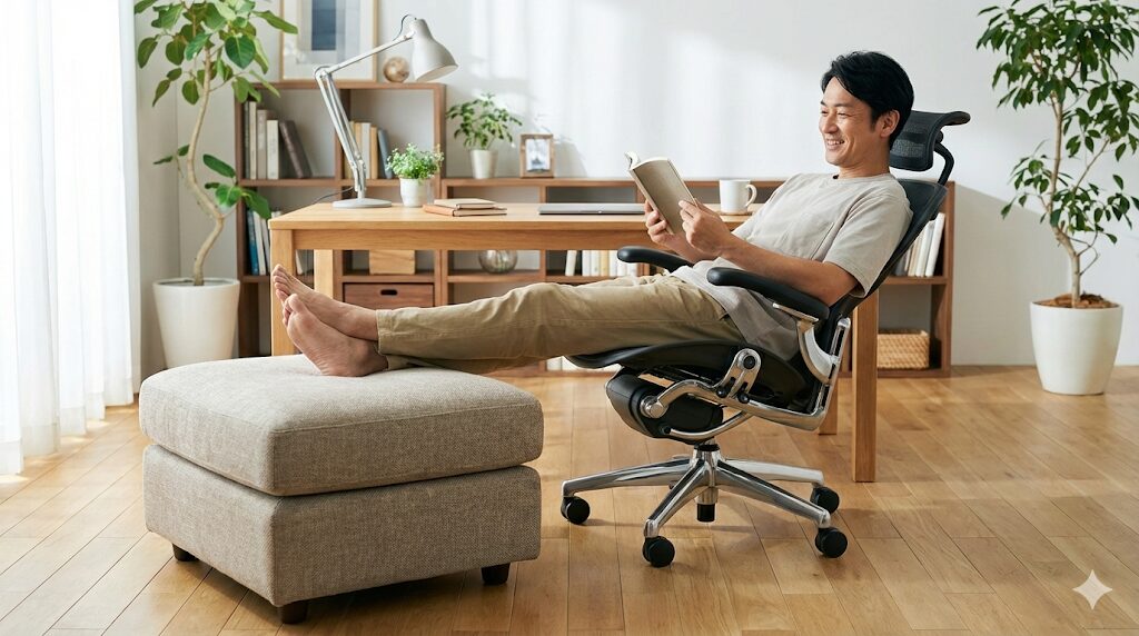 エルゴノミクスチェアでリクライニングし、独立型の大きなファブリック製オットマンに足をゆったりと乗せて読書を楽しむ日本人男性の様子。広くて安定した足元の快適さを強調。