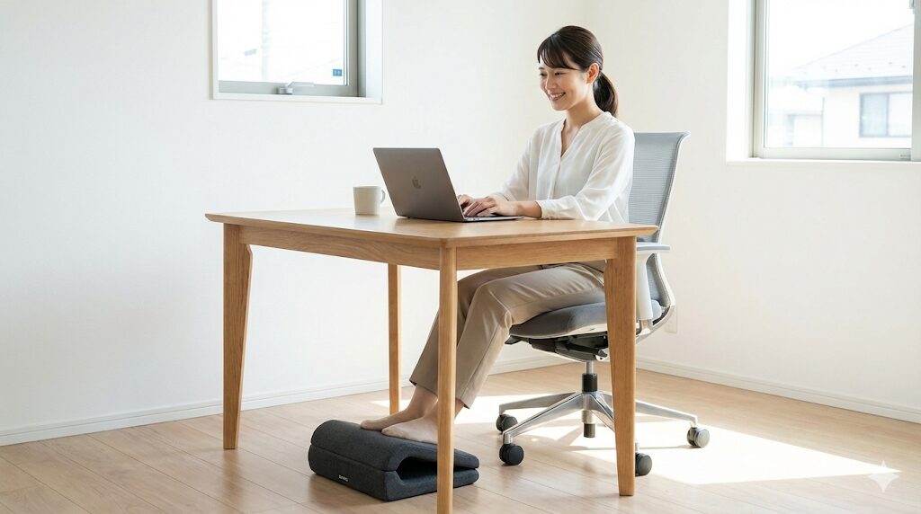 明るいホームオフィスで、フットレストなしのシンプルなオフィスチェアに座り、デスク下の独立型フットレストに足を乗せて快適にパソコン作業をする日本人女性の笑顔の写真。