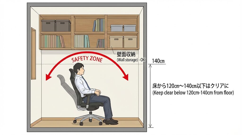 書斎の断面図で、椅子に座った人物の回転やリクライニング時の可動域(セーフティゾーン)を赤で示し、壁面収納の棚がその範囲外(床から140cm以上)に設置されている様子を視覚的に解説。椅子の干渉を防ぐ収納テクニックを説明。