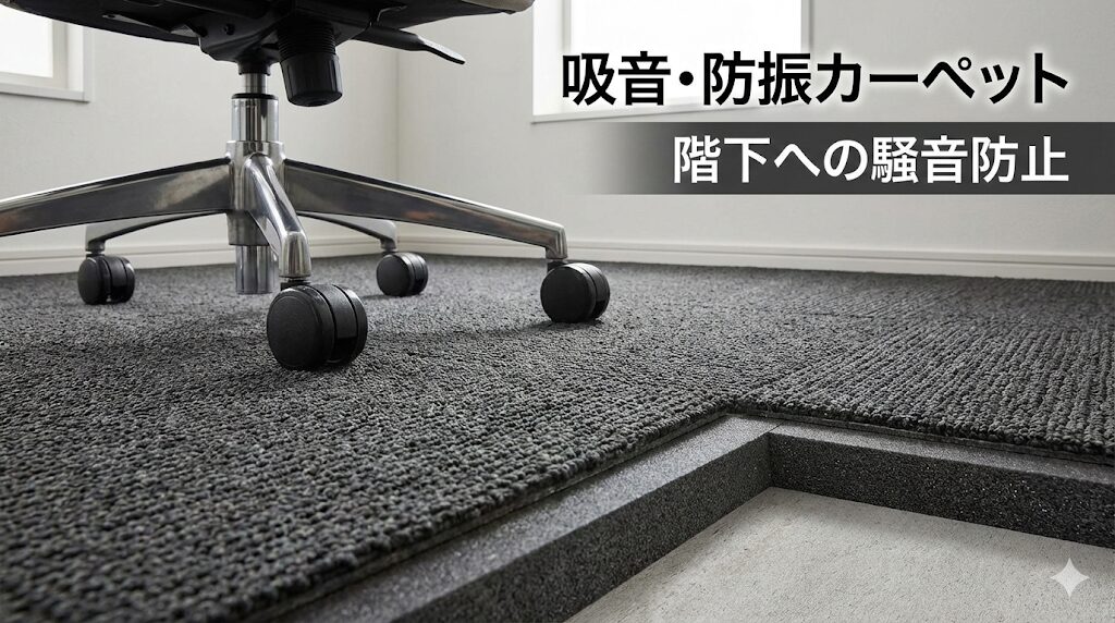 書斎の床全面に敷き詰められた厚手の吸音カーペットの上を、高級オフィスチェアのキャスターが静かに転がる様子。カーペットの断面図と「吸音・防振カーペット(階下への騒音防止)」というテキストで、具体的な防音対策とその効果を強調。