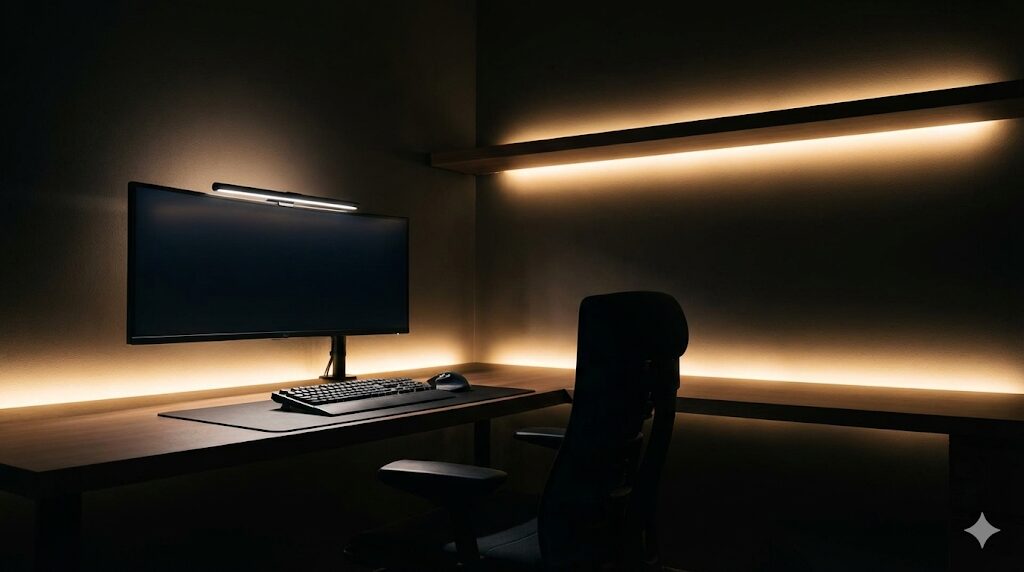 窓のない1.5畳書斎で、スクリーンバーによる手元照明と、デスク背面や棚下の間接照明を組み合わせたおしゃれなライティングの実例写真。奥行き感のある落ち着いた空間と、その中に佇む高級チェアの雰囲気を表現。