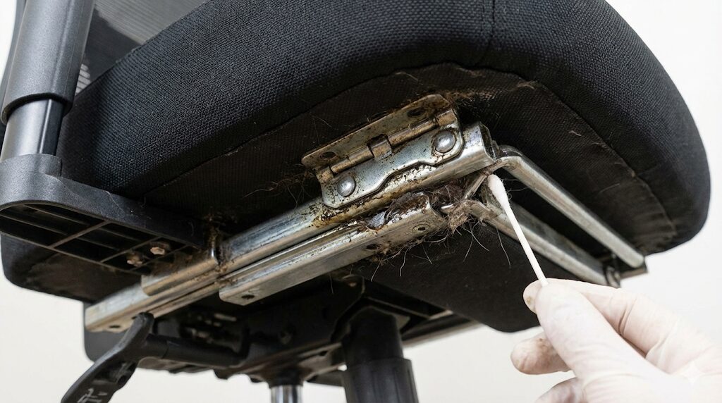 オフィスチェアの座面下にあるフットレストの金属製ヒンジとレール部分に、ホコリや髪の毛、油汚れが絡みついている様子。手袋をした手が綿棒で汚れを掃除しようとしており、メンテナンスの難しさを強調するクローズアップ写真。