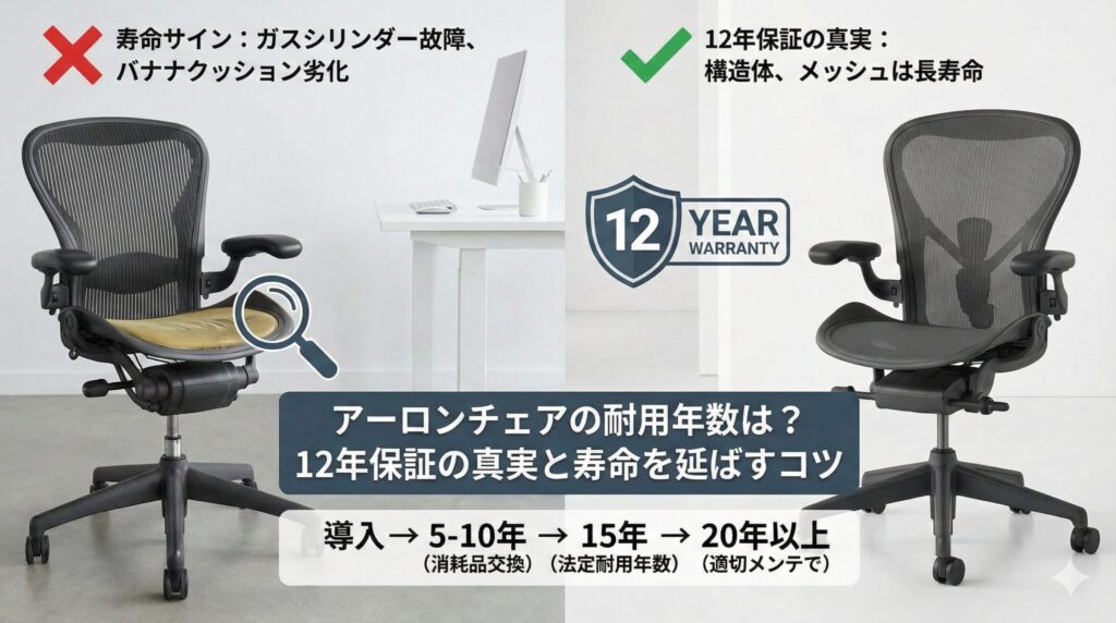 アイキャッチ画像（アーロンチェアの耐用年数は？12年保証の真実と寿命を延ばすコツ）