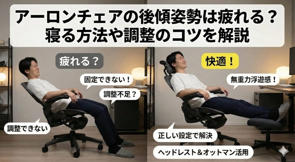アイキャッチ画像（アーロンチェアの後傾姿勢は疲れる？寝る方法や調整のコツを解説）