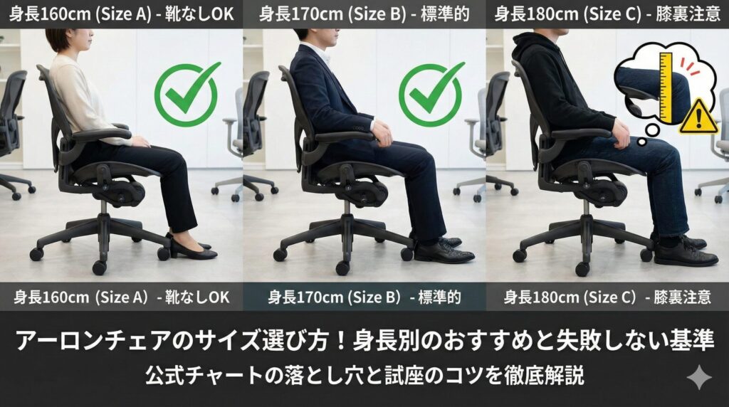 アイキャッチ画像（アーロンチェアのサイズ選び方！身長別のおすすめと失敗しない基準）