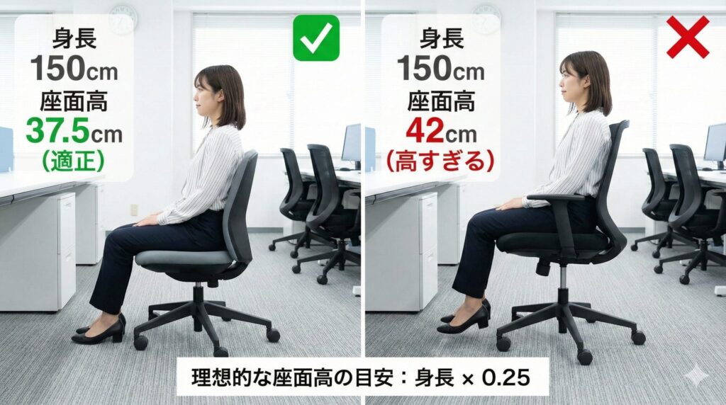 身長150cmの女性が、適正な高さ(37.5cm)のオフィスチェアと高すぎる高さ(42cm)のオフィスチェアに座っている比較画像。左側は足がしっかり床につき良い姿勢、右側は足が浮いて不安定な姿勢を示し、座面高の計算式「理想的な座面高:身長 × 0.25」も記載。