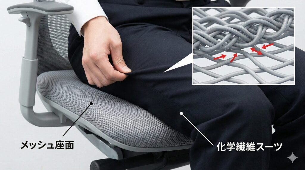 メッシュ座面のオフィスチェアに座るスーツ姿の日本人。拡大されたミクロ視点により、メッシュ素材とスーツの化学繊維が接触して摩擦が低くなる滑りの原因を解説する写真。
