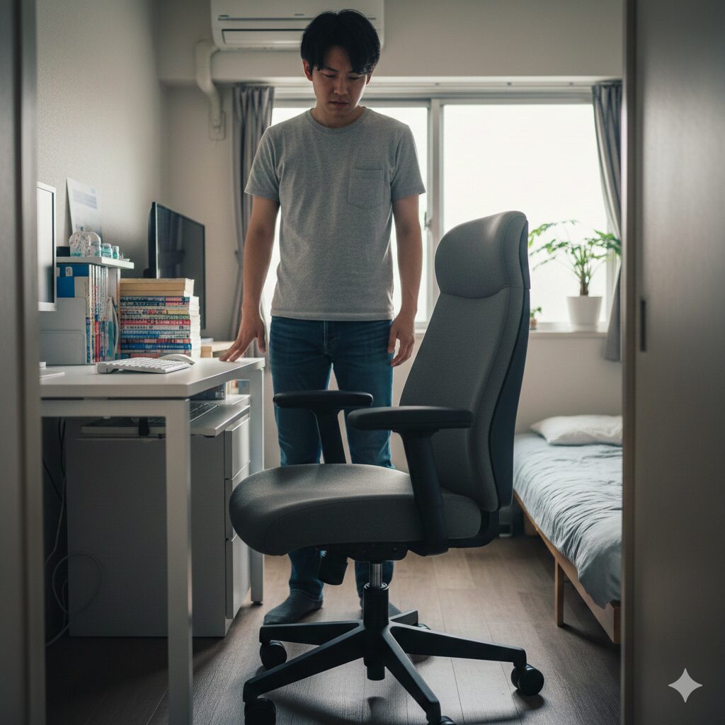 狭い日本の自宅で、デスクに収納しきれず邪魔になっているオフィスチェアの肘掛けと、それを見て困る日本人男性の様子。