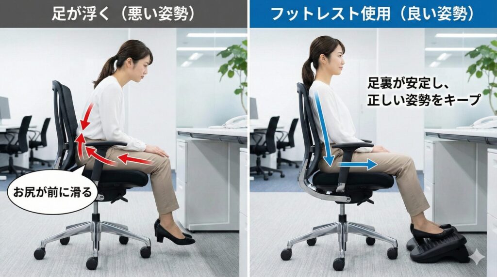 足が床につかない状態が姿勢に与える影響を示す比較画像。左側はフットレストで足が安定し良い姿勢、右側は足が浮いて骨盤が倒れ、猫背になった悪い姿勢を示し、お尻の滑りと腰への負担を矢印とテキストで解説。