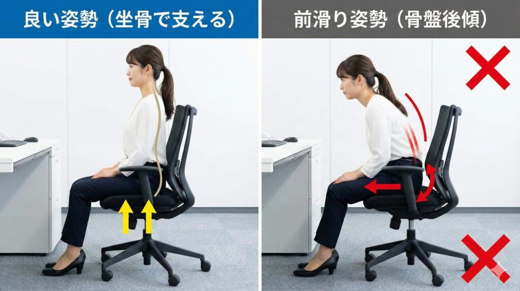 オフィスチェアでの「良い姿勢(坐骨で支える)」と「前滑り姿勢(骨盤後傾)」を比較する写真。前滑りによって骨盤が倒れ、背骨のS字カーブが崩れて腰への負担が増加する様子を矢印とバツ印で視覚的に説明。