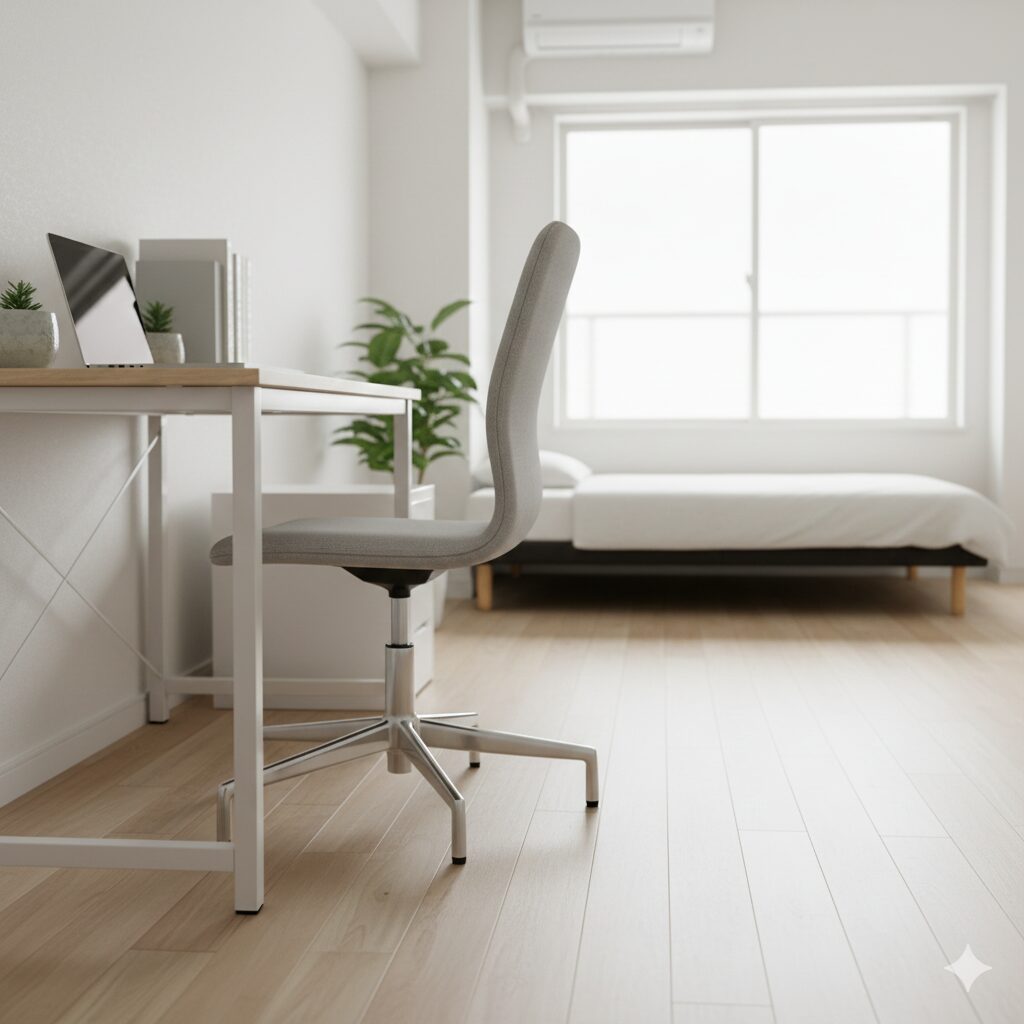 肘掛けのないオフィスチェアがデスク下に完全に収納され、生活空間を広く確保できている、すっきりとした日本のワンルームの様子。