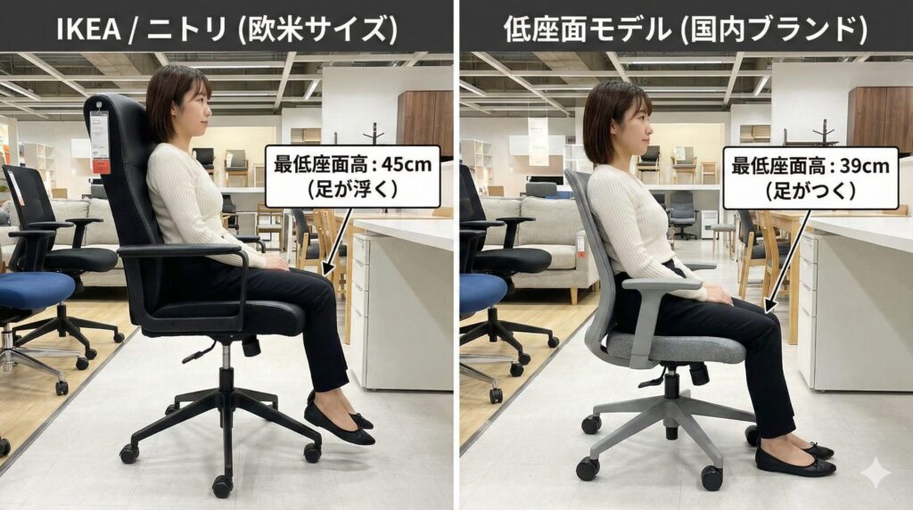 家具店でオフィスチェアを試座する小柄な日本人女性の画像。欧米サイズの最低座面高45cmの椅子では足が浮き、低座面モデルの最低座面高39cmの椅子では足が床についている様子を、ポップアップのテキストと矢印で比較。