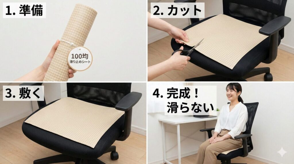 100円ショップの滑り止めシートをオフィスチェアの座面に敷く手順を4ステップで解説する写真。シートの準備、座面サイズへのカット、設置、そして実際に座って滑らないことを確認する様子を順序立てて表示。