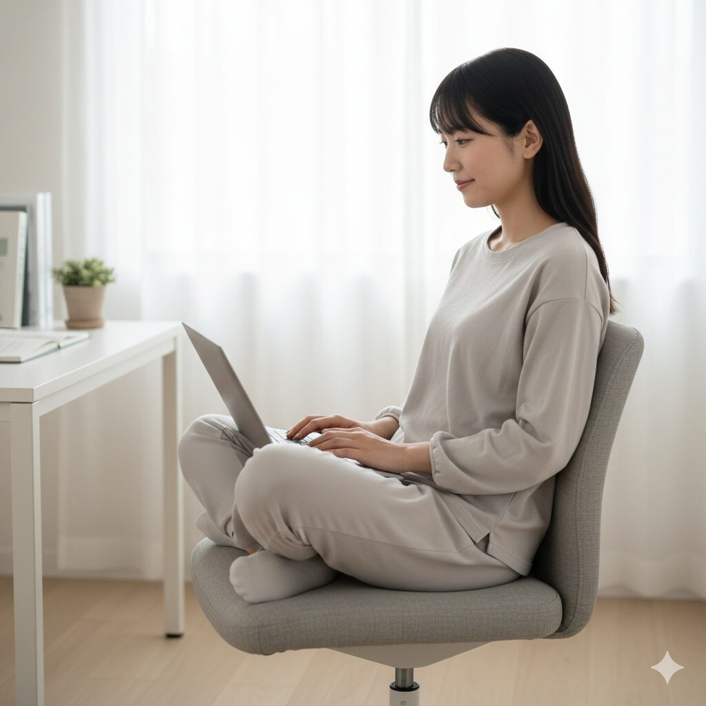 肘掛けがないオフィスチェアの座面の上であぐらをかき、リラックスしてノートパソコンで作業している日本人女性の様子。
