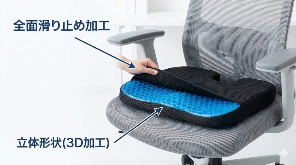 オフィスチェア用ゲルクッションの製品写真。底面の「全面滑り止め加工」と、お尻を包み込んで前滑りを防ぐ「立体形状(3D加工)」の2つの特徴を、クッションの断面図や裏面の拡大写真と共に解説。