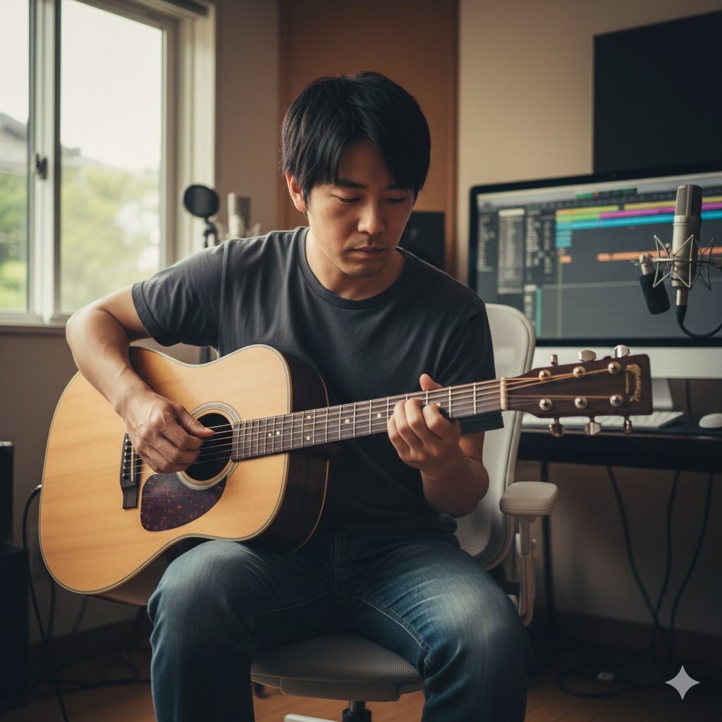 肘掛けのないオフィスチェアに座り、ギターが肘掛けにぶつかることなく正しいフォームで演奏している日本人ギタリスト。