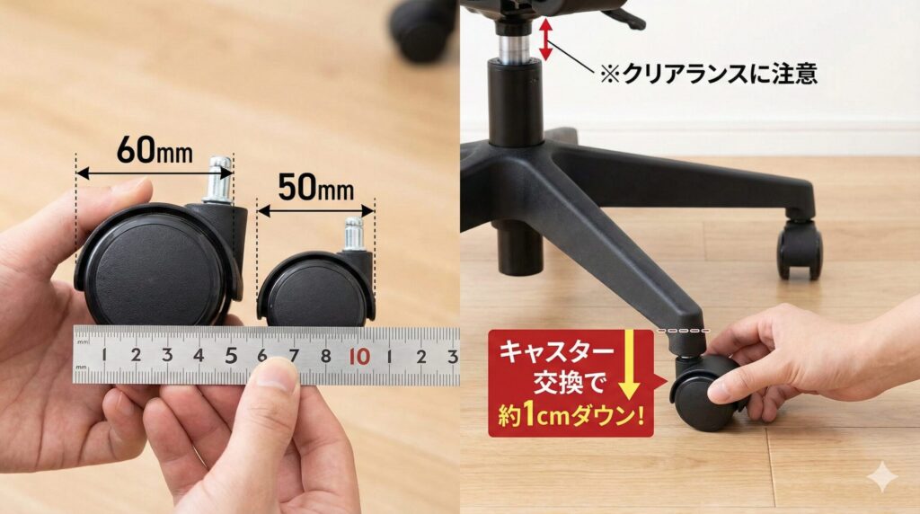 オフィスチェアのキャスターを標準の60mm径から50mm径の小径タイプに交換することで、座面の高さを約1cm下げる方法を示す解説画像。定規でのサイズ比較と、交換作業の様子が写っている。