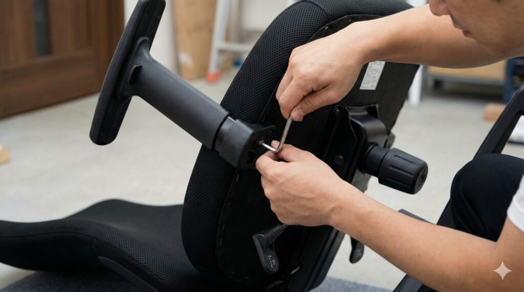 日本人男性が六角レンチを使い、オフィスチェアの座面裏側にある肘掛けの固定ボルトを取り外している作業風景のクローズアップ。