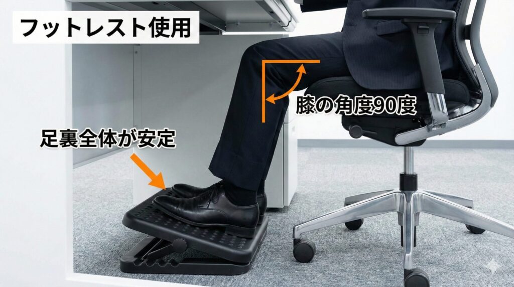 オフィスデスクの下でフットレストを使用している日本人の足元の写真。「フットレスト使用」により足裏全体が安定し、膝の角度が理想的な90度に保たれている正しい座り姿勢を矢印とテキストで説明。