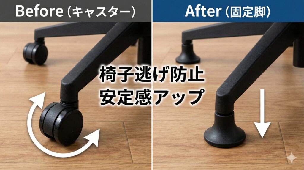 オフィスチェアの足元をキャスターから固定脚(グライド)に交換するビフォーアフター写真。「Before (キャスター)」の動きやすい状態から、「After (固定脚)」の動かない安定した状態への変化を比較し、「椅子逃げ防止」と「安定感アップ」の効果を視覚的に解説。