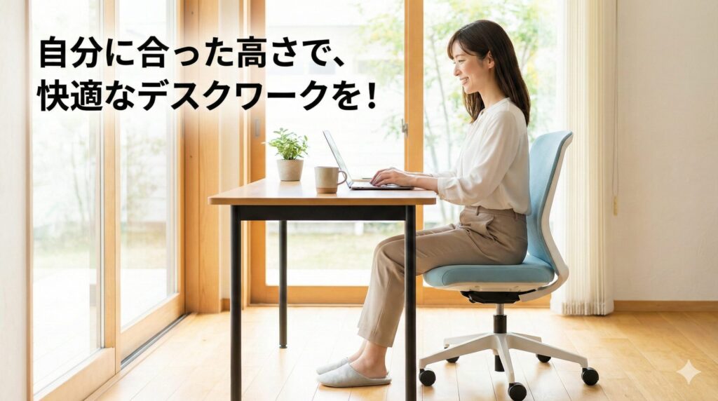 自分に合った低い座面のオフィスチェアで快適にデスクワークをする日本人女性の笑顔の写真。「自分に合った高さで、快適なデスクワークを!」というテキストが添えられ、健康的な働き方をイメージさせる。