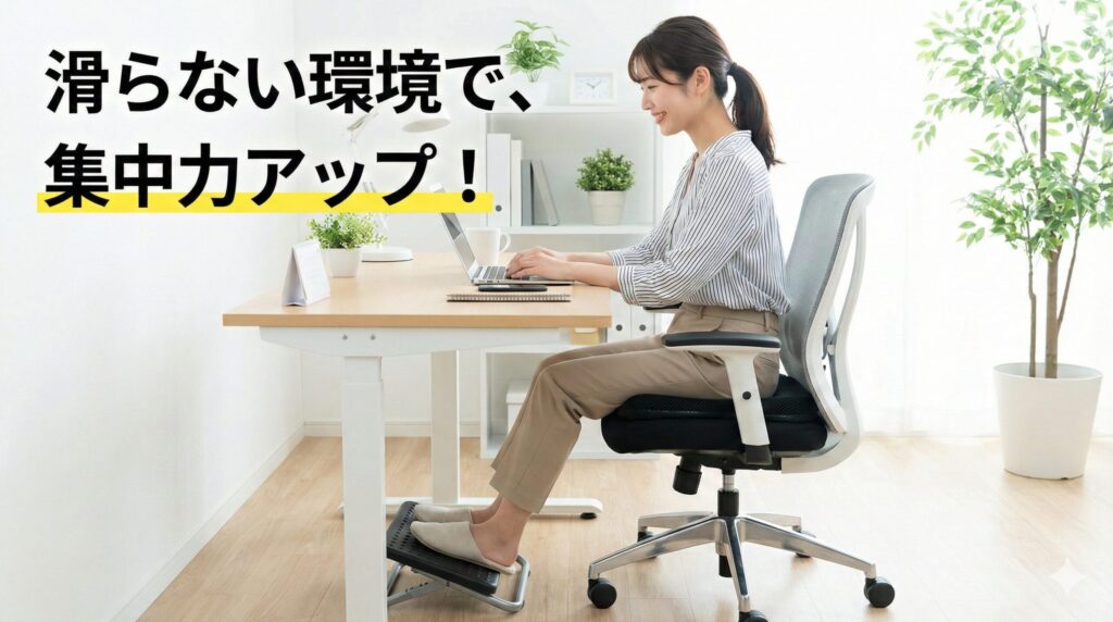 - 滑り対策が施されたオフィスチェアで、正しい姿勢を保ちながら集中して仕事に取り組む笑顔の日本人女性の写真。フットレストやクッションの使用、深い座り方など、記事で紹介された対策が実践されている様子と、「滑らない環境で、集中力アップ!」というテキストメッセージで、快適な作業環境の実現を表現。