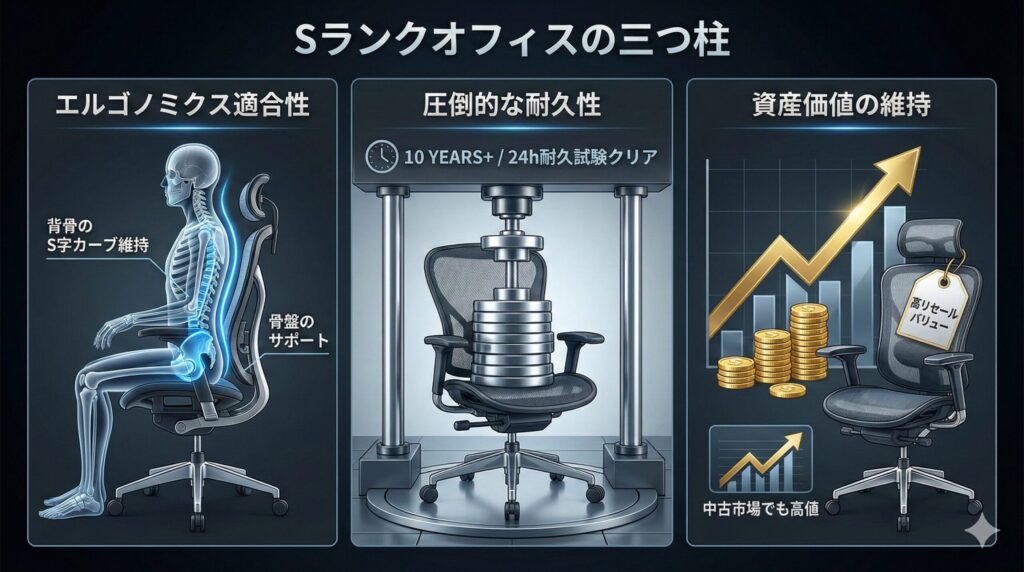 Sランクオフィスチェアに求められる3つの要件、「エルゴノミクス適合性(背骨と骨盤のサポート)」「圧倒的な耐久性(10年以上の使用を想定した試験)」「資産価値の維持(高いリセールバリュー)」を3つのパネルで解説したインフォグラフィック。