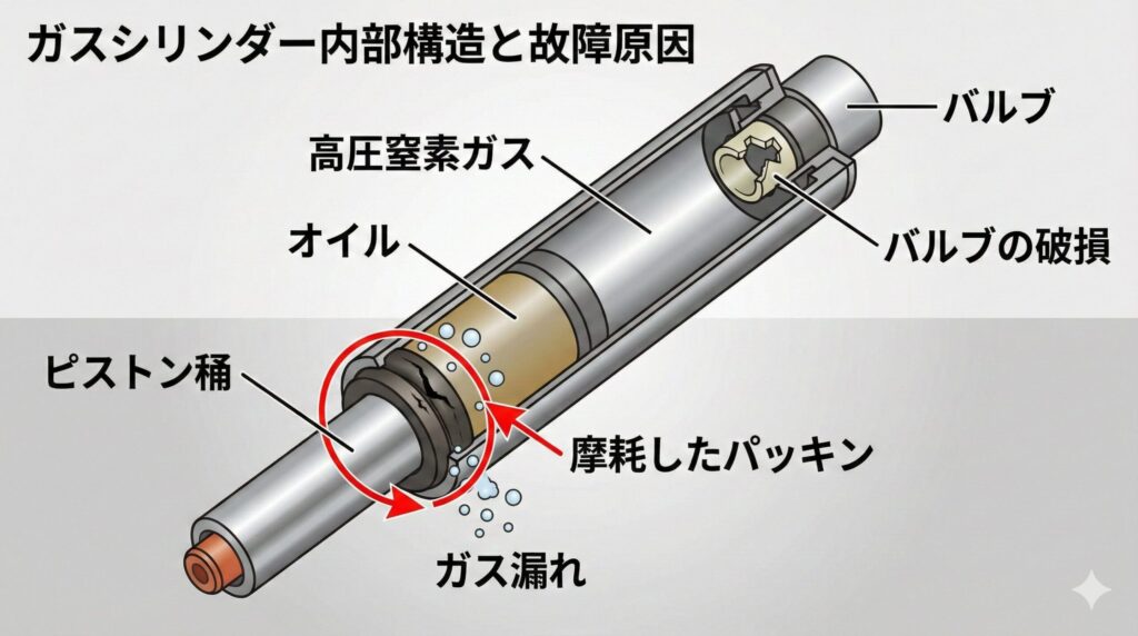 オフィスチェアのガスシリンダー内部構造と故障原因を示す断面図イラスト。高圧窒素ガス、オイル、バルブ、摩耗したパッキンからのガス漏れ、バルブの破損が日本語で示されている。